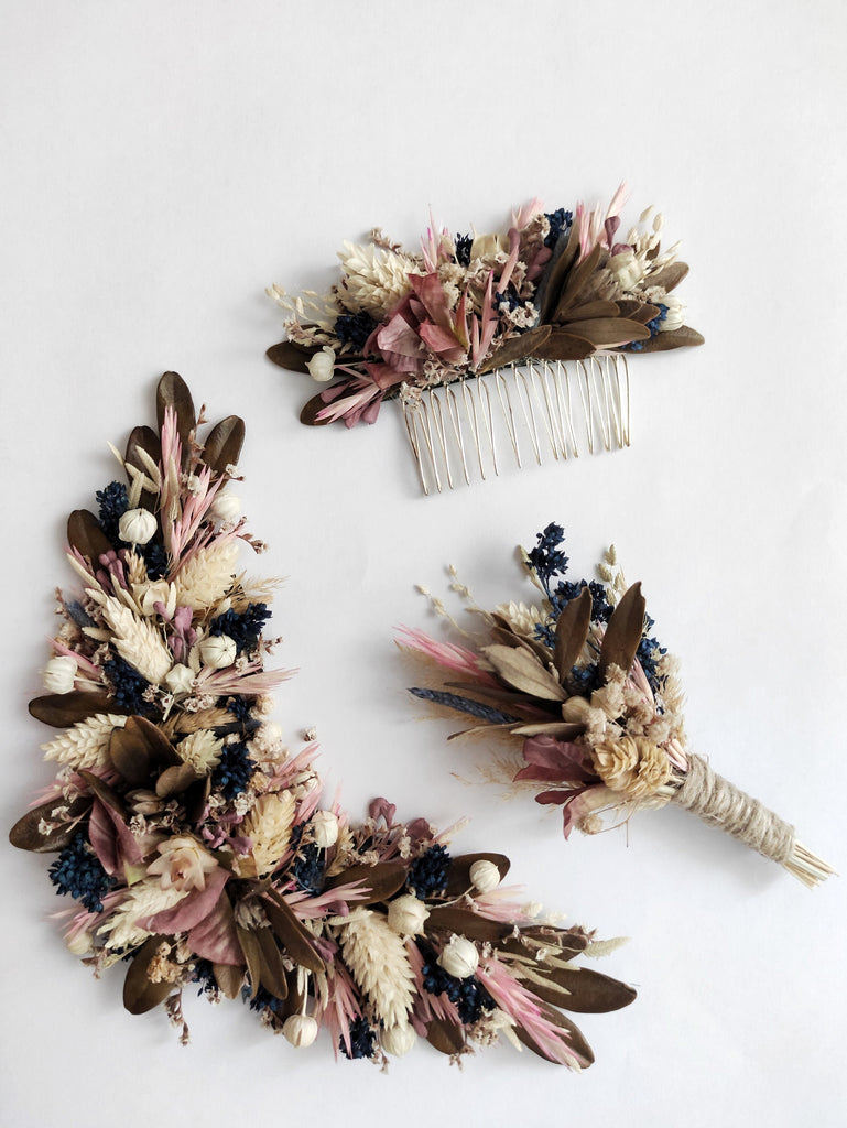 Dried Flower Boutonniere | Pink Bridesmaid Flower Comb