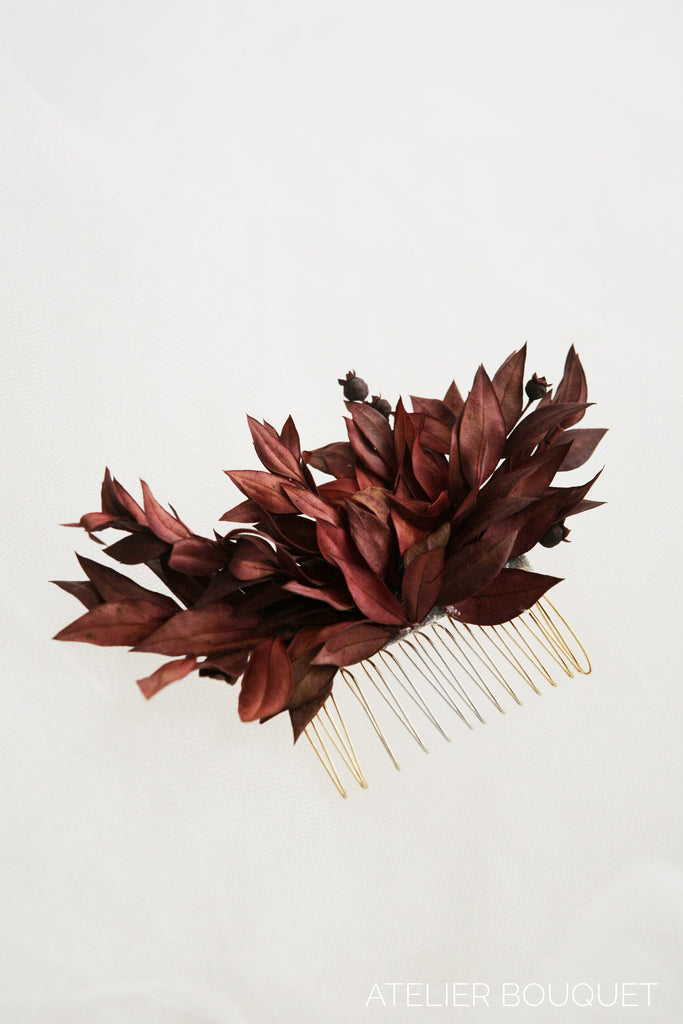 Deep Red Bridesmaid Flower Comb | Deep Green Bridal Hair Comb