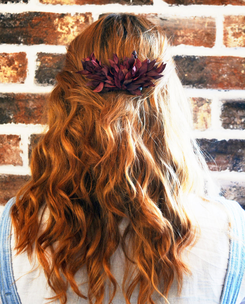 Deep Red Bridesmaid Flower Comb | Deep Green Bridal Hair Comb