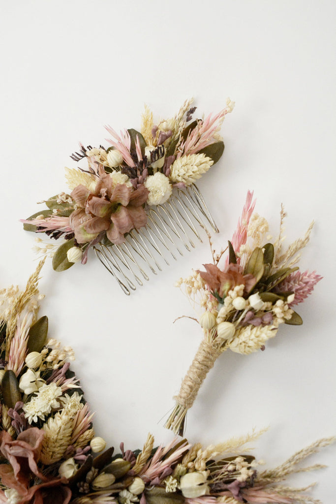 Dried Flower Boutonniere | Pink Bridesmaid Flower Comb