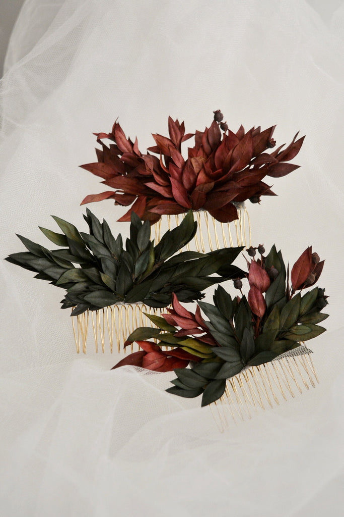 Deep Red Bridesmaid Flower Comb | Deep Green Bridal Hair Comb