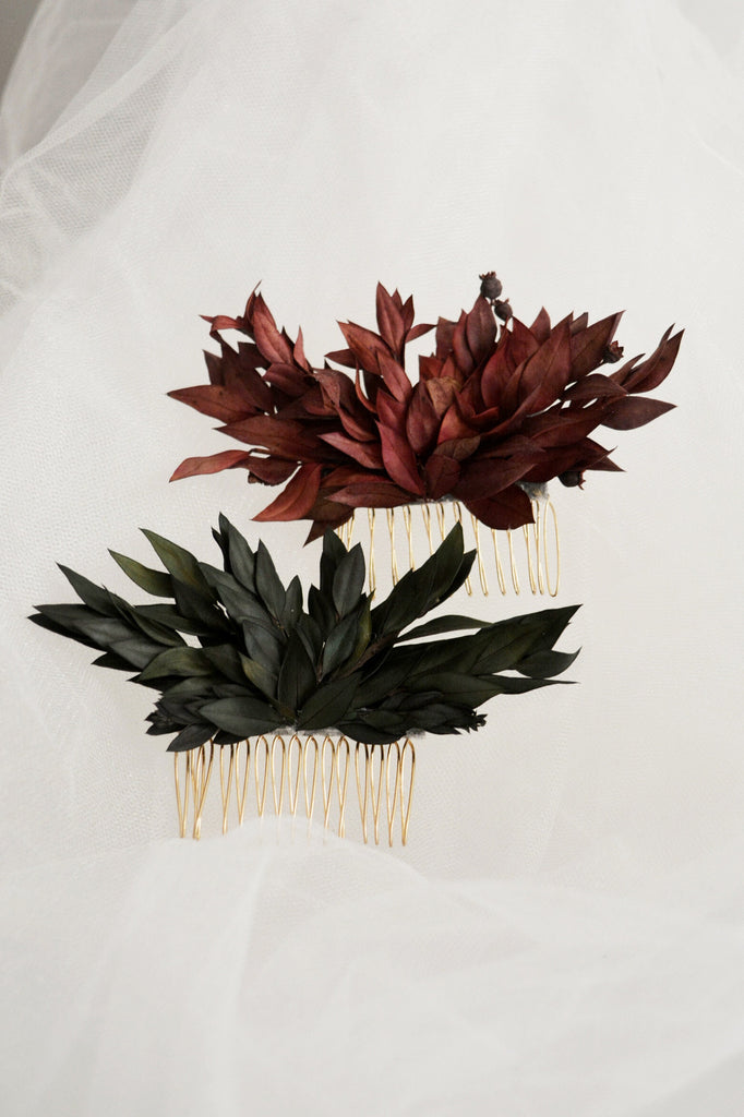 Deep Red Bridesmaid Flower Comb | Deep Green Bridal Hair Comb